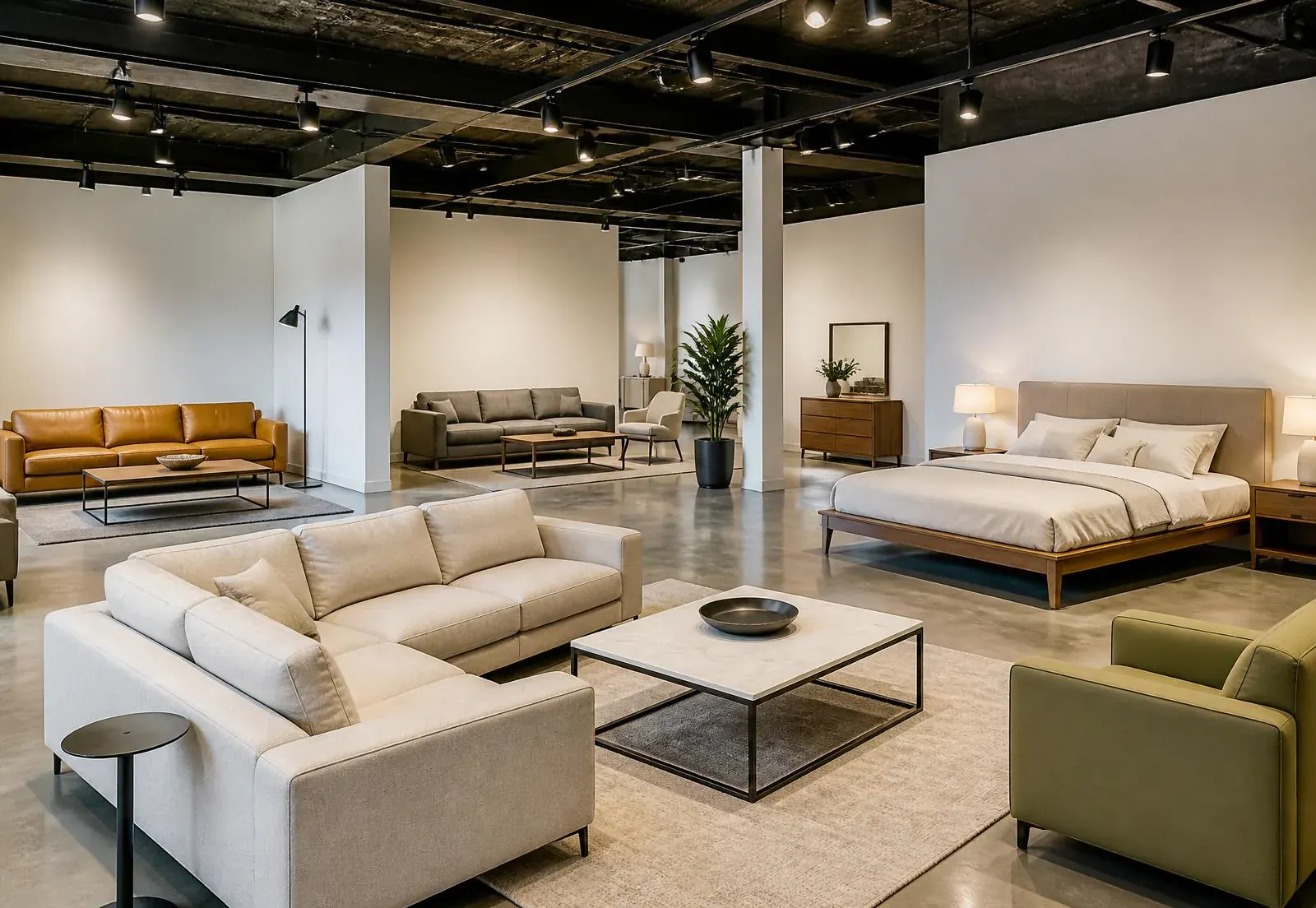 A warm living room furnished with a sofa and lamp